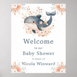 Póster Cute Floral Whale Baby Shower  Welcome