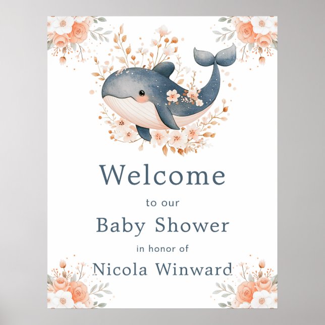 Póster Cute Floral Whale Baby Shower  Welcome (Frente)
