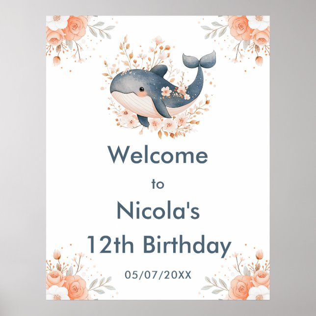 Póster Cute Floral Whale Birthday Party Welcome (Frente)