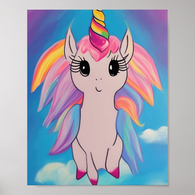 Póster Cute Flying Unicorn Kawaii Pintura (Frente)