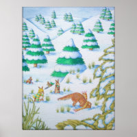 cute fox and rabbits wildlife snow scene
