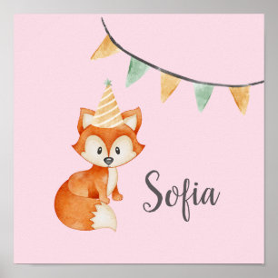 Póster Cute Fox Sombrero de Fiesta del Bosque Cumpleaños