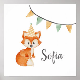 Póster Cute Fox Woodland Fiesta Gorra Feliz Cumpleaños
