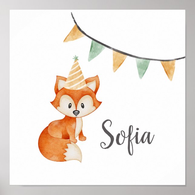 Póster Cute Fox Woodland Fiesta Gorra Feliz Cumpleaños (Frente)