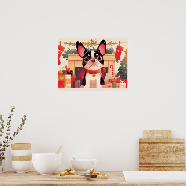 Póster Cute French Bulldog by the Christmas Fireplace (Cocina)