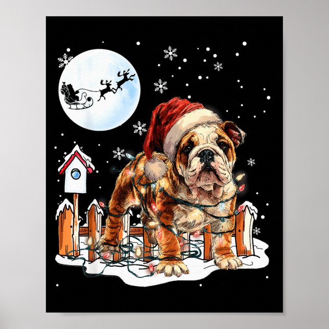 Póster Cute Funny English Bulldog Christmas Lights Santa  (Frente)