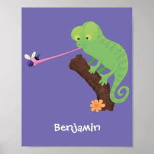Póster Cute funny green happy chameleon lizard cartoon