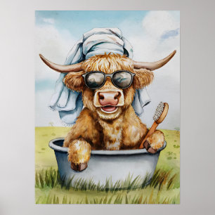 Póster Cute Funny Highland Cow Bathroom Wall Art