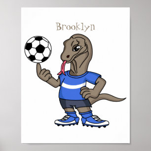 Póster Cute Funny Komodo Dragon Jugando Fútbol Cartoon T