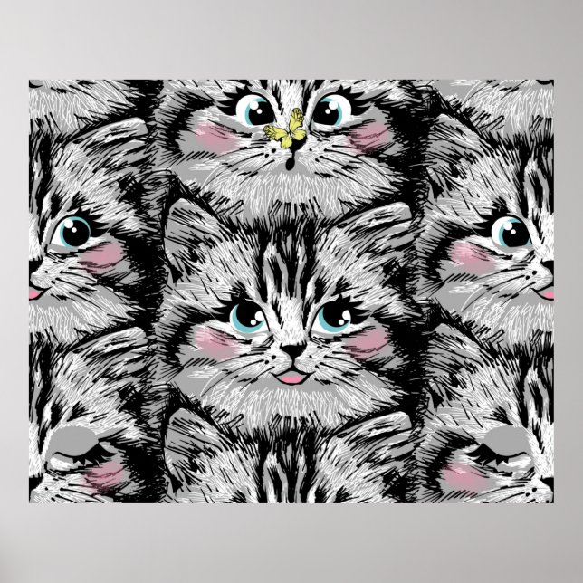 Póster Cute furry kitten face seamless pattern. Illustrat (Frente)