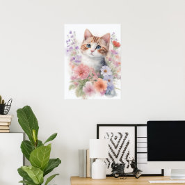Póster Cute Gatito de Acuarela con Flores