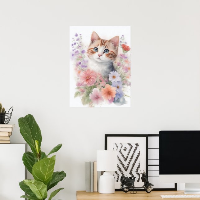 Póster Cute Gatito de Acuarela con Flores (Oficina en casa)