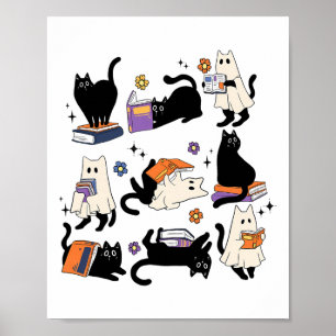 Póster Cute Gato Fantasma Leer Libros Enamorar Halloween