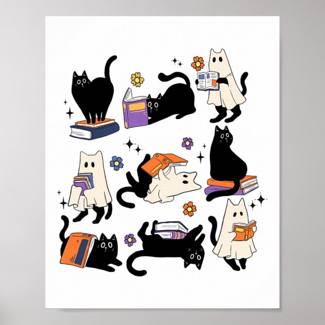 Póster Cute Gato Fantasma Leer Libros Enamorar Halloween (Frente)