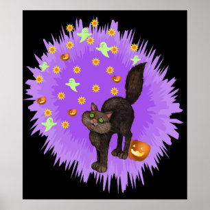 Póster Cute gato negro Halloween Estrella púrpura