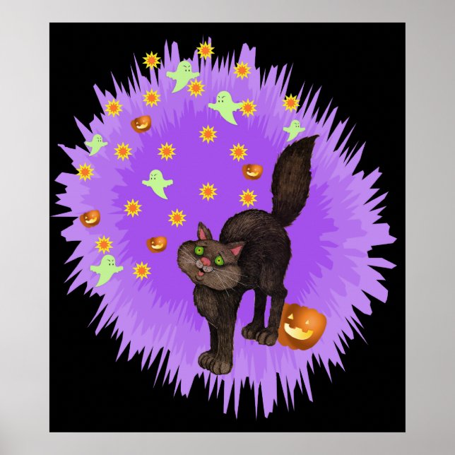 Póster Cute gato negro Halloween Estrella púrpura (Frente)