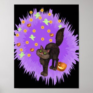 Póster Cute gato negro Halloween Estrella púrpura