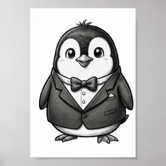 Póster Cute Gentleman Penguin Tuxedo Sketch