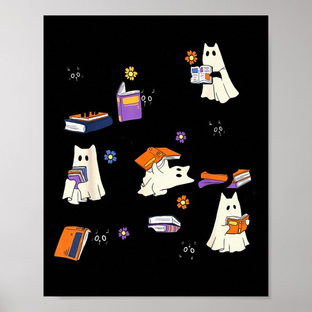 Póster Cute Ghost Cat Reading Books Lover Bookish Hallowe (Frente)