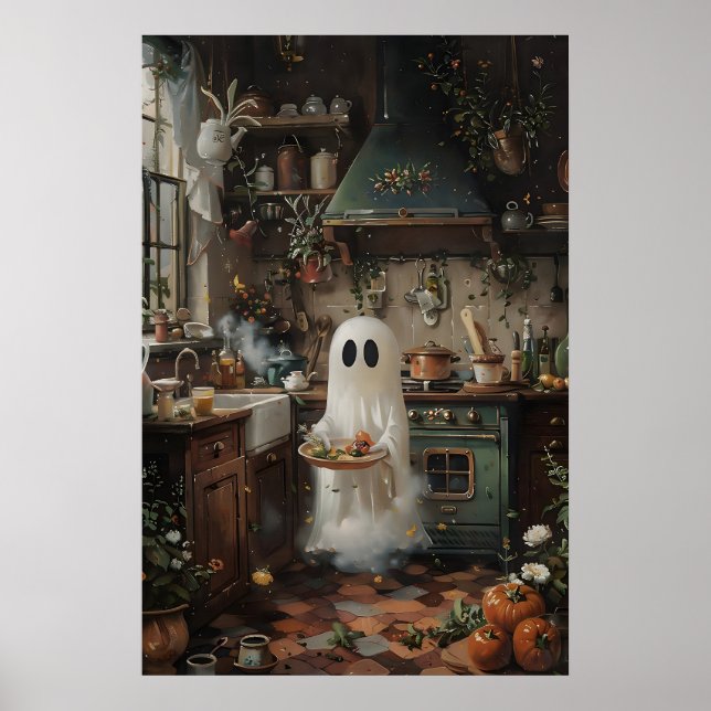 Póster Cute Ghost Preparing To Eat Print, Floral Kitchen (Frente)