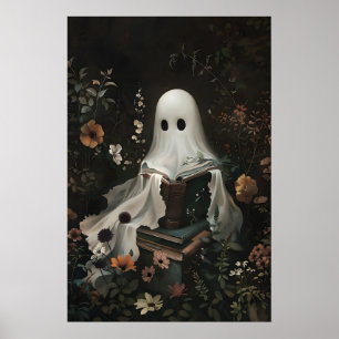 Póster Cute Ghost Reading Books Print, Halloween Digital