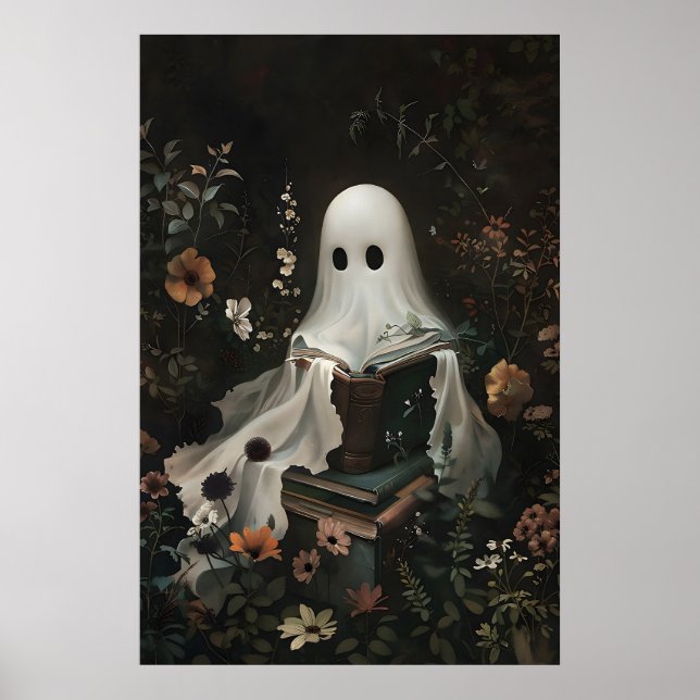 Póster Cute Ghost Reading Books Print, Halloween Digital (Frente)