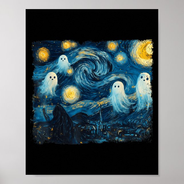 Póster Cute Ghost Starry Night Halloween Soky Retro Van G (Frente)