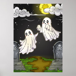 Póster Cute Ghosts Flying in Moonlit Graveyard Halloween
