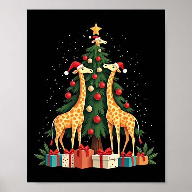 Póster Cute Giraffe Árbol de Navidad Giraffe Amantes de N (Frente)