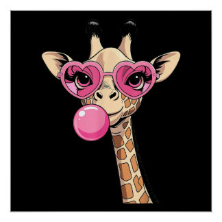 Póster Cute Giraffe Blowing Pink Bubble Gum Sunglasses 