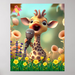 Póster Cute Giraffe cantando con el micrófono en el jardí