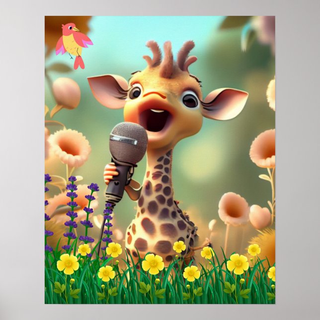 Póster Cute Giraffe cantando con el micrófono en el jardí (Frente)