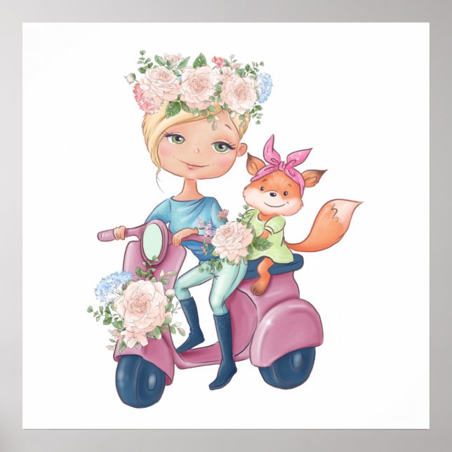 Póster Cute Girl on Motor Scooter with Little Fox Poster (Frente)