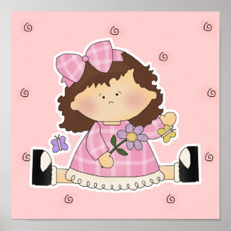 Póster Cute Girl Sitting with Flower and Butterflies