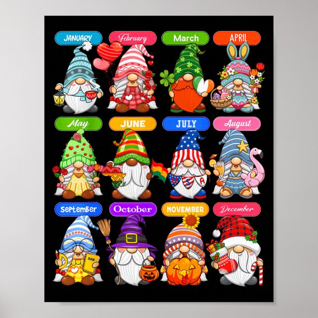 Póster Cute Gnome Every Season Holiday Gnomes 12 Months O (Frente)