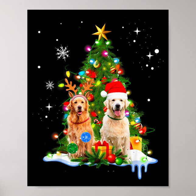 Póster Cute Golden Retriever Christmas Tree  (Frente)