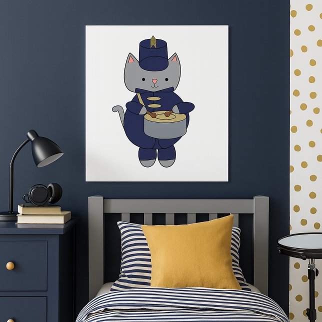 Póster Cute Gray Cat Marching Band Drummer Illustration (A poster of a gray cat playing the drums in a navy blue & gold marching band uniform.)