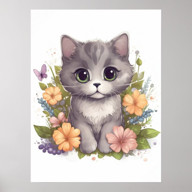 Póster Cute Gray Kitty con flores Kawaii Chibi (Frente)