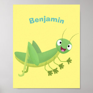 Póster Cute green happy grasshopper cartoon