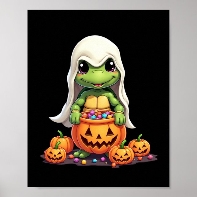Póster Cute Halloween Turtle Ghost with Candy (1) (Frente)
