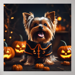Póster Cute Halloween Yorkshire Terrier Puppy Dog Pumpkin