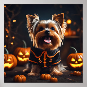 Póster Cute Halloween Yorkshire Terrier Puppy Dog Pumpkin