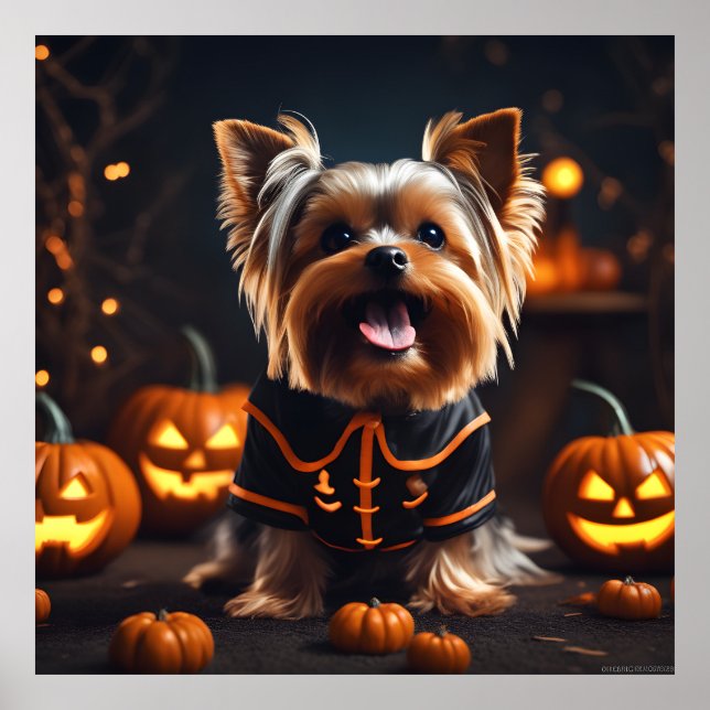 Póster Cute Halloween Yorkshire Terrier Puppy Dog Pumpkin (Frente)
