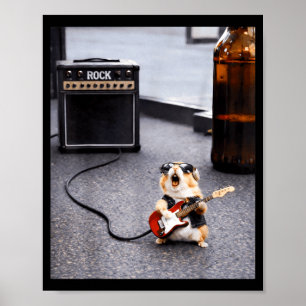 Póster Cute hámster estrella de rock divertida guitarra p