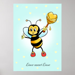 Póster Cute Happy Bumble Bee & Honeycomb con Hearts Post