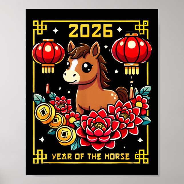 Póster Cute Happy Chinese New Year Of The Hourse 2026 Lun (Frente)