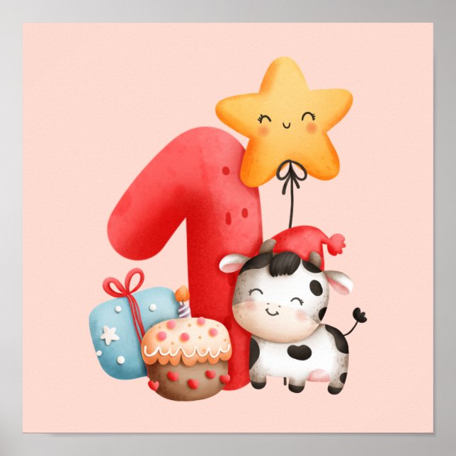 Póster Cute Happy Cow 1º cumpleaños (Frente)