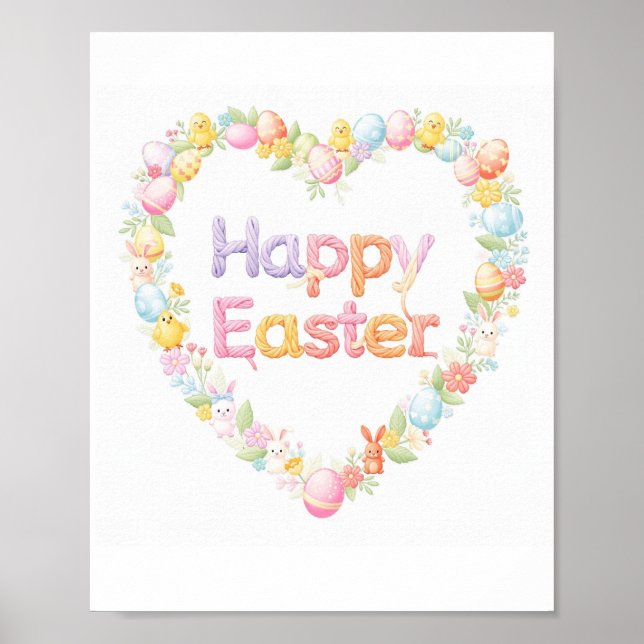 Póster Cute Happy Easter Bunny & Chick Heart  (Frente)
