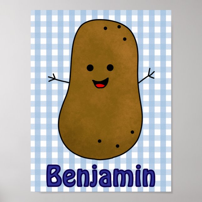 Póster Cute Happy Potato Blue Gingham Personalizado (Frente)
