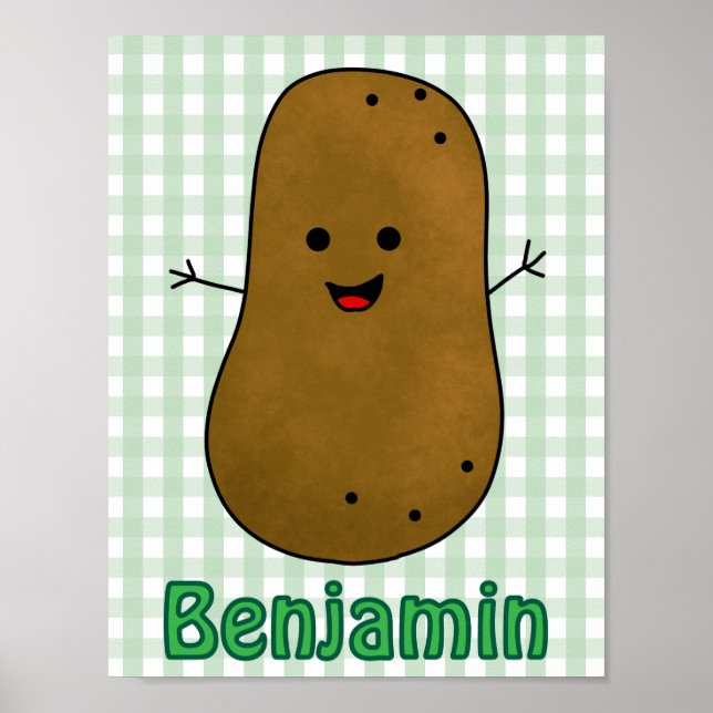 Póster Cute Happy Potato Green Gingham Personalizado (Frente)